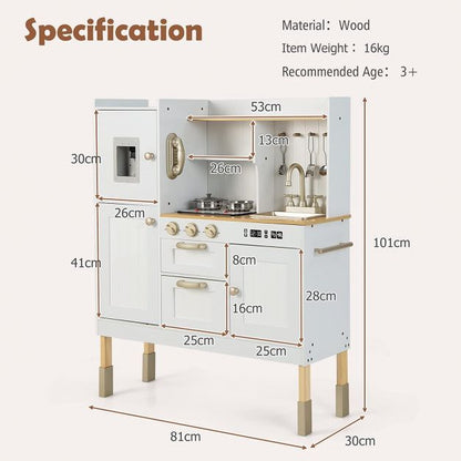 Bucatarie din Lemn Premium pentru copii Little Chef IdealStore, Dimensiune 88 x 30 x 103 cm, Iluminata LED, Sunete realiste, Compartimentata cu frigider si aparat de facut gheata, Accesorizata cu ustensilele necesare micului bucatar