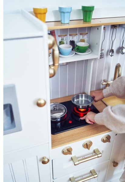 Bucatarie din Lemn Premium pentru copii Little Chef IdealStore, Dimensiune 88 x 30 x 103 cm, Iluminata LED, Sunete realiste, Compartimentata cu frigider si aparat de facut gheata, Accesorizata cu ustensilele necesare micului bucatar