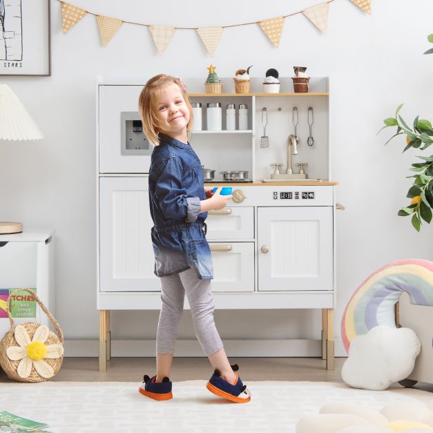 Bucatarie din Lemn Premium pentru copii Little Chef IdealStore, Dimensiune 88 x 30 x 103 cm, Iluminata LED, Sunete realiste, Compartimentata cu frigider si aparat de facut gheata, Accesorizata cu ustensilele necesare micului bucatar