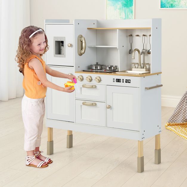 Bucatarie din Lemn Premium pentru copii Little Chef IdealStore, Dimensiune 88 x 30 x 103 cm, Iluminata LED, Sunete realiste, Compartimentata cu frigider si aparat de facut gheata, Accesorizata cu ustensilele necesare micului bucatar