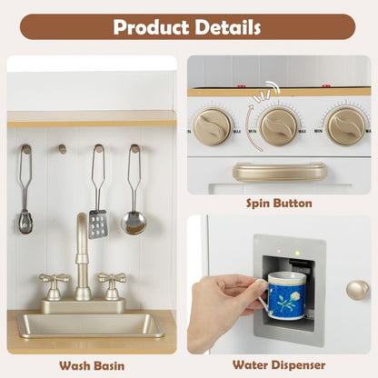 Bucatarie din Lemn Premium pentru copii Little Chef IdealStore, Dimensiune 88 x 30 x 103 cm, Iluminata LED, Sunete realiste, Compartimentata cu frigider si aparat de facut gheata, Accesorizata cu ustensilele necesare micului bucatar