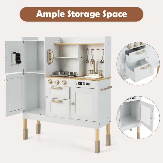 Bucatarie din Lemn Premium pentru copii Little Chef IdealStore, Dimensiune 88 x 30 x 103 cm, Iluminata LED, Sunete realiste, Compartimentata cu frigider si aparat de facut gheata, Accesorizata cu ustensilele necesare micului bucatar