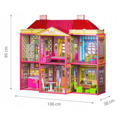 Casuta pentru papusi IDL MY BEAUTIFUL VILLA, Dimensiuni 106 x 95 x 38 cm, 128 de Elemente, 6 camere interconectate, mobilate si utilate, Accesorii incluse, Casa are un cadru din plastic si pereti din carton