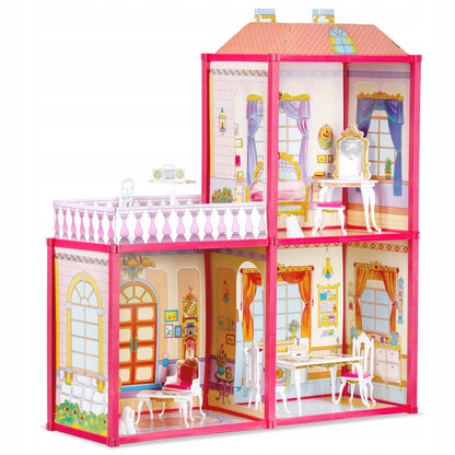 Casuta de papusi cu Mobilier si Terasa idealSTORE RASPBERRY VILLA, Dimensiuni 76 x 77 x 23 cm Accesorizata cu 100 de elemente specifice, Pliabila in 2 moduri, Material carton