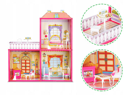 Casuta de papusi cu Mobilier si Terasa idealSTORE RASPBERRY VILLA, Dimensiuni 76 x 77 x 23 cm Accesorizata cu 100 de elemente specifice, Pliabila in 2 moduri, Material carton