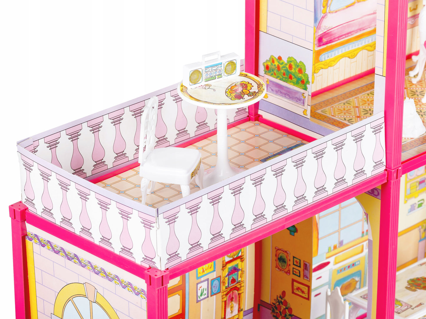 Casuta de papusi cu Mobilier si Terasa idealSTORE RASPBERRY VILLA, Dimensiuni 76 x 77 x 23 cm Accesorizata cu 100 de elemente specifice, Pliabila in 2 moduri, Material carton