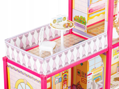 Casuta de papusi cu Mobilier si Terasa idealSTORE RASPBERRY VILLA, Dimensiuni 76 x 77 x 23 cm Accesorizata cu 100 de elemente specifice, Pliabila in 2 moduri, Material carton