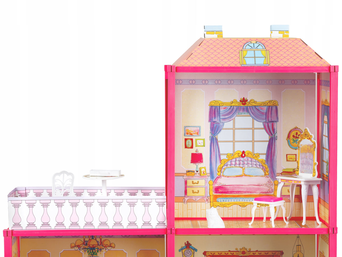 Casuta de papusi cu Mobilier si Terasa idealSTORE RASPBERRY VILLA, Dimensiuni 76 x 77 x 23 cm Accesorizata cu 100 de elemente specifice, Pliabila in 2 moduri, Material carton