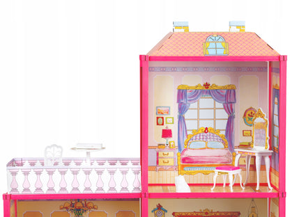 Casuta de papusi cu Mobilier si Terasa idealSTORE RASPBERRY VILLA, Dimensiuni 76 x 77 x 23 cm Accesorizata cu 100 de elemente specifice, Pliabila in 2 moduri, Material carton