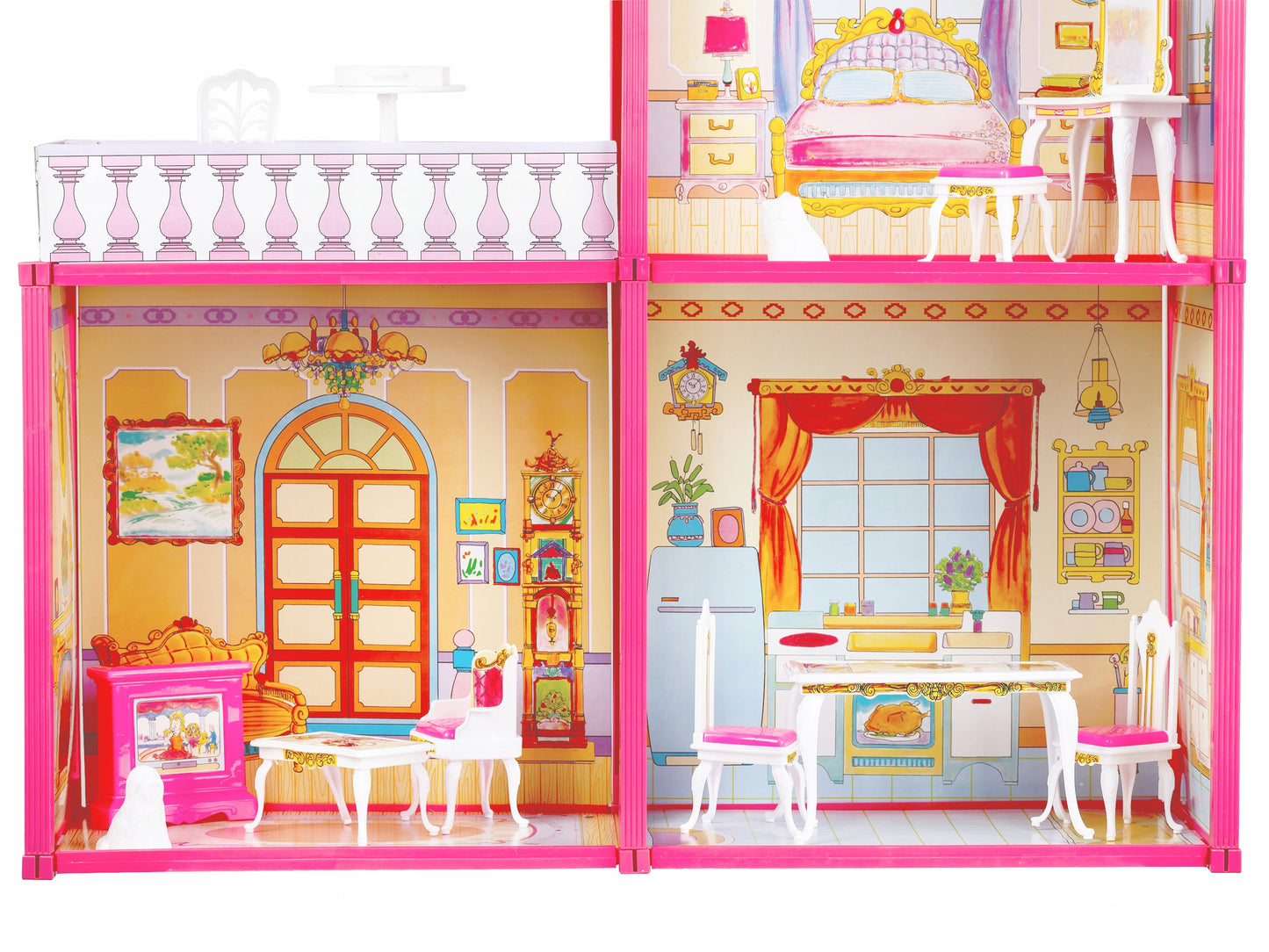 Casuta de papusi cu Mobilier si Terasa idealSTORE RASPBERRY VILLA, Dimensiuni 76 x 77 x 23 cm Accesorizata cu 100 de elemente specifice, Pliabila in 2 moduri, Material carton