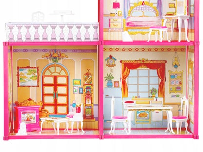 Casuta de papusi cu Mobilier si Terasa idealSTORE RASPBERRY VILLA, Dimensiuni 76 x 77 x 23 cm Accesorizata cu 100 de elemente specifice, Pliabila in 2 moduri, Material carton