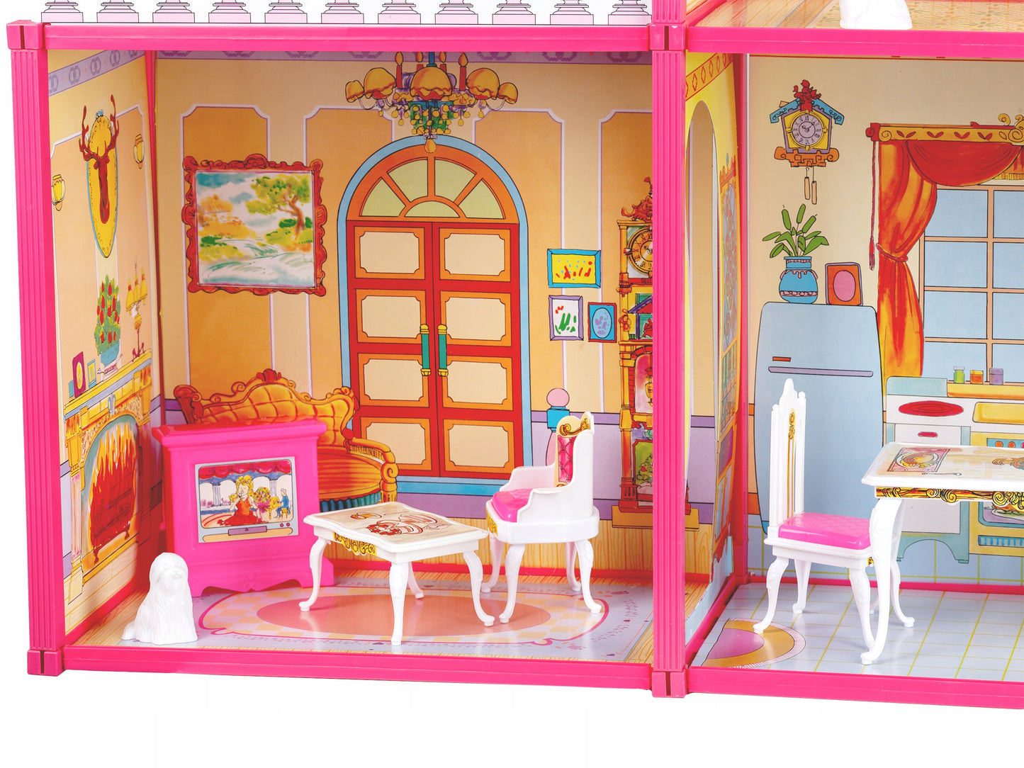 Casuta de papusi cu Mobilier si Terasa idealSTORE RASPBERRY VILLA, Dimensiuni 76 x 77 x 23 cm Accesorizata cu 100 de elemente specifice, Pliabila in 2 moduri, Material carton