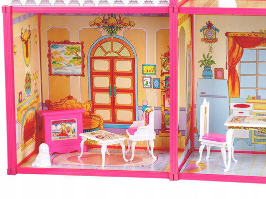 Casuta de papusi cu Mobilier si Terasa idealSTORE RASPBERRY VILLA, Dimensiuni 76 x 77 x 23 cm Accesorizata cu 100 de elemente specifice, Pliabila in 2 moduri, Material carton