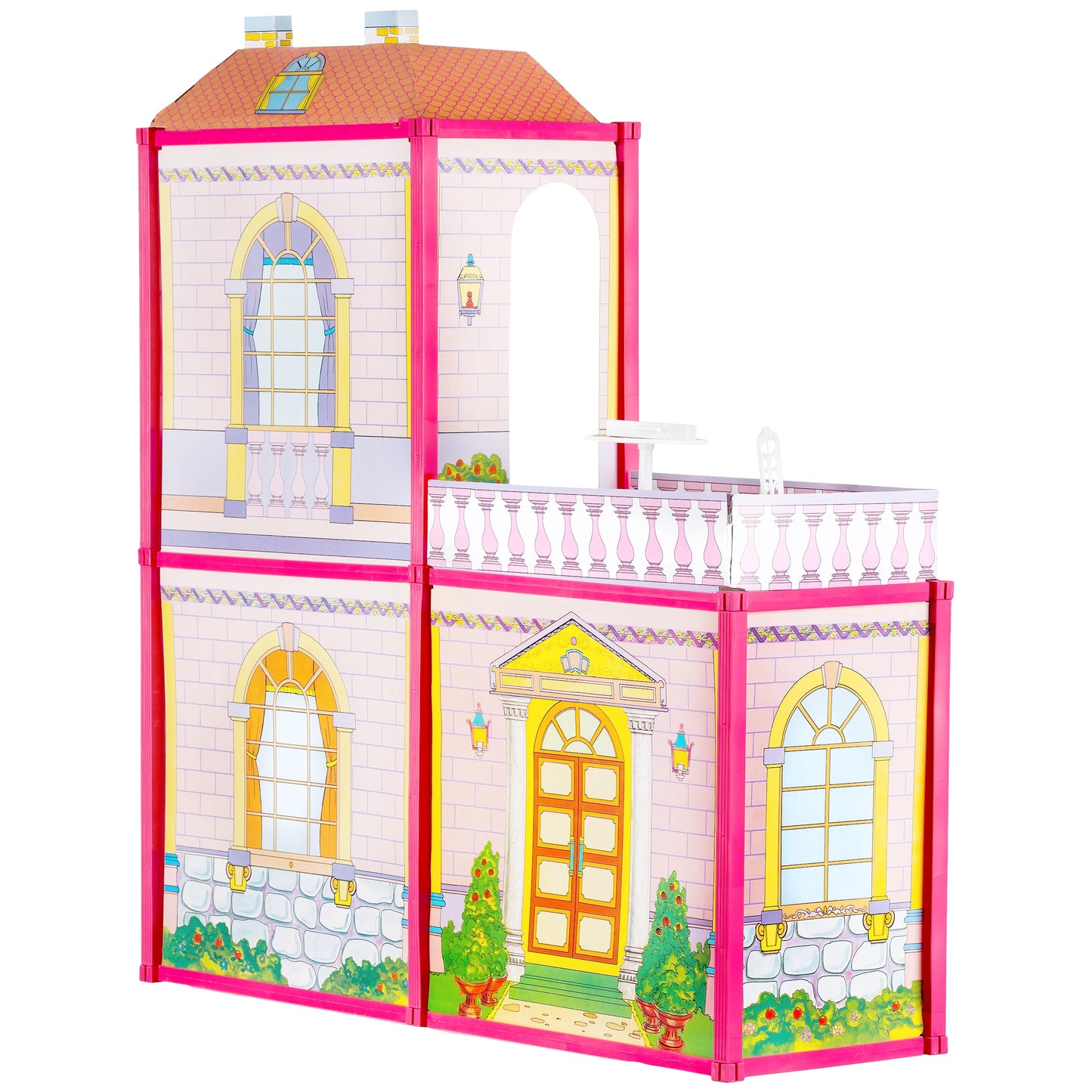 Casuta de papusi cu Mobilier si Terasa idealSTORE RASPBERRY VILLA, Dimensiuni 76 x 77 x 23 cm Accesorizata cu 100 de elemente specifice, Pliabila in 2 moduri, Material carton