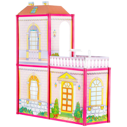 Casuta de papusi cu Mobilier si Terasa idealSTORE RASPBERRY VILLA, Dimensiuni 76 x 77 x 23 cm Accesorizata cu 100 de elemente specifice, Pliabila in 2 moduri, Material carton