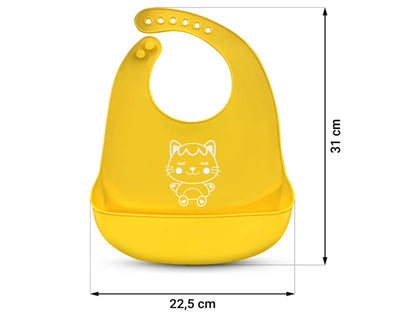 Bavetica pentru bebelusi YellowKitty IdealStore, din silicon moale, Impermeabil, cu buzunar pentru prinderea resturilor alimentare, Ajustabila pe 6 niveluri, Galbena