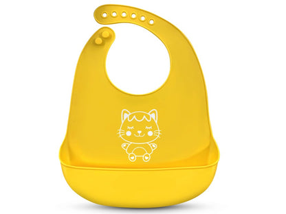 Bavetica pentru bebelusi YellowKitty IdealStore, din silicon moale, Impermeabil, cu buzunar pentru prinderea resturilor alimentare, Ajustabila pe 6 niveluri, Galbena