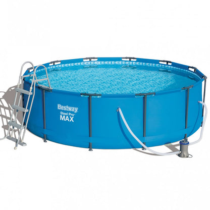 Pscina cu cadru metalic AIX , rotunda, cu pompa de filtrare a apei si scara, cu cadrul metalic rezistent la coroziune, culoare albastru