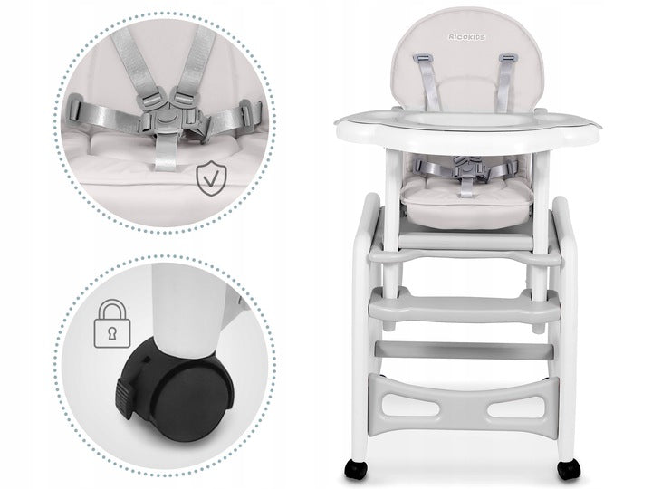 Scaun de Hranire 5in1 RicoKids idealStore, 6-36 Luni, Centuri de Siguranta in 5 Puncte, Reglarea Inclinarii, Tava Detasabila, Roti Detasabile, Material Rezistent, Babetica, Gri