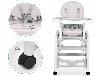 Scaun de Hranire 5in1 RicoKids idealStore, 6-36 Luni, Centuri de Siguranta in 5 Puncte, Reglarea Inclinarii, Tava Detasabila, Roti Detasabile, Material Rezistent, Babetica, Gri