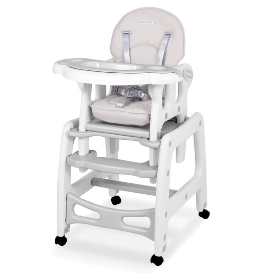 Scaun de Hranire 5in1 RicoKids idealStore, 6-36 Luni, Centuri de Siguranta in 5 Puncte, Reglarea Inclinarii, Tava Detasabila, Roti Detasabile, Material Rezistent, Babetica, Gri