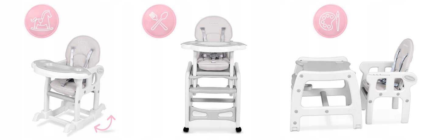 Scaun de Hranire 5in1 RicoKids idealStore, 6-36 Luni, Centuri de Siguranta in 5 Puncte, Reglarea Inclinarii, Tava Detasabila, Roti Detasabile, Material Rezistent, Babetica, Gri