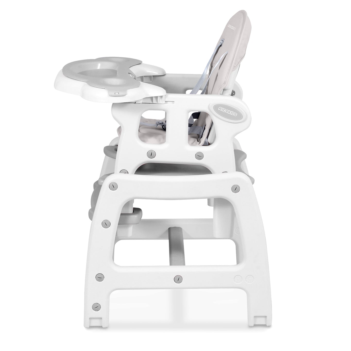 Scaun de Hranire 5in1 RicoKids idealStore, 6-36 Luni, Centuri de Siguranta in 5 Puncte, Reglarea Inclinarii, Tava Detasabila, Roti Detasabile, Material Rezistent, Babetica, Gri