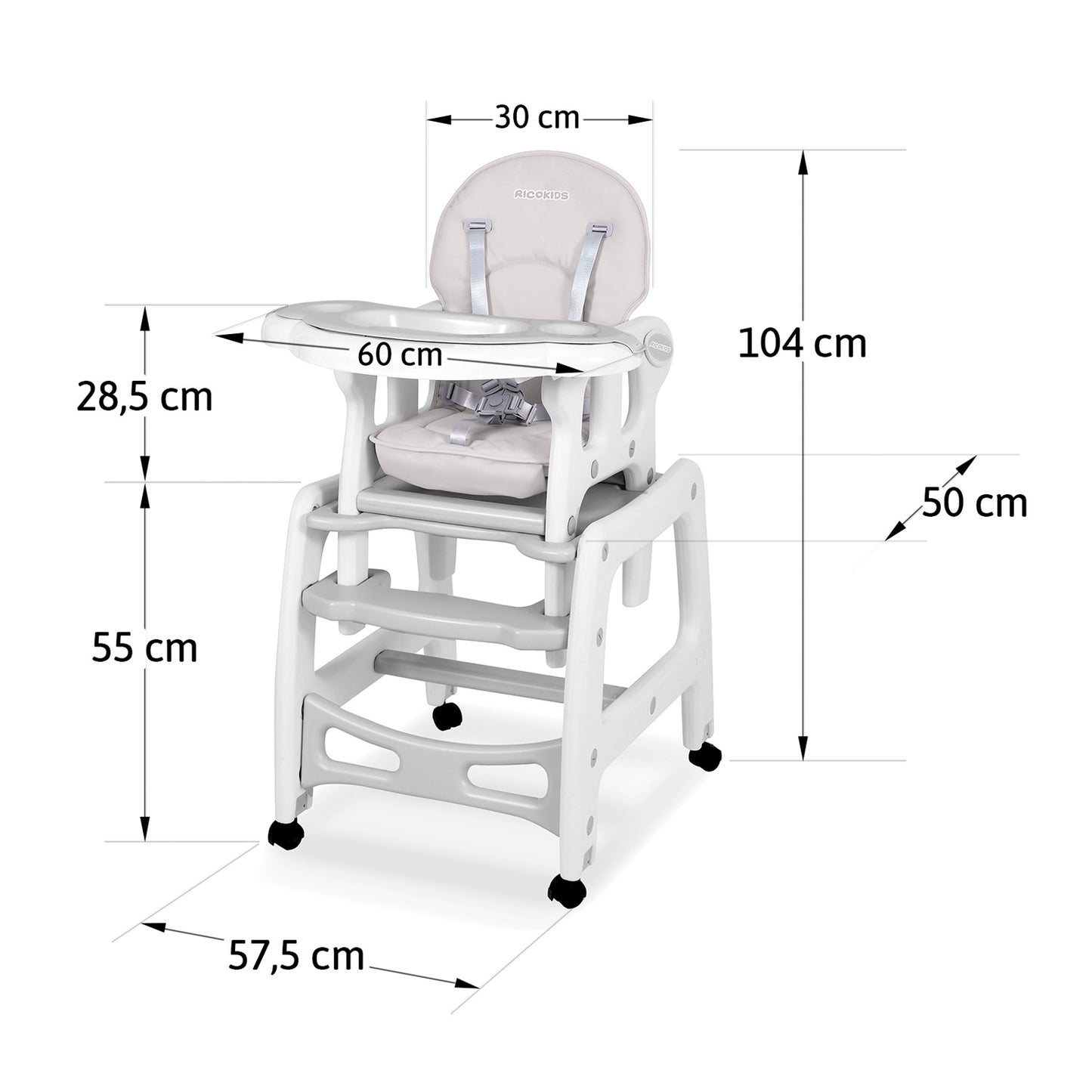 Scaun de Hranire 5in1 RicoKids idealStore, 6-36 Luni, Centuri de Siguranta in 5 Puncte, Reglarea Inclinarii, Tava Detasabila, Roti Detasabile, Material Rezistent, Babetica, Gri