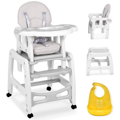 Scaun de Hranire 5in1 RicoKids idealStore, 6-36 Luni, Centuri de Siguranta in 5 Puncte, Reglarea Inclinarii, Tava Detasabila, Roti Detasabile, Material Rezistent, Babetica, Gri