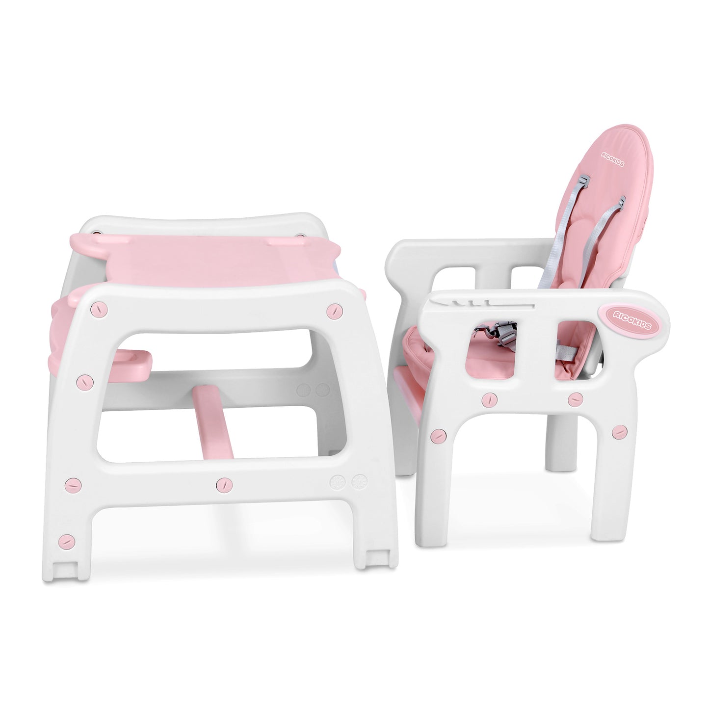 Scaunul de Hranire 5in1 RicoKids idealStore, 6-36 Luni, Centuri de Siguranta in 5 Puncte, Reglarea Inclinarii, Tava Detasabila, Roti Detasabile, Material Rezistent, Babetica, Roz