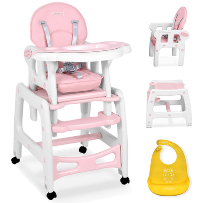 Scaunul de Hranire 5in1 RicoKids idealStore, 6-36 Luni, Centuri de Siguranta in 5 Puncte, Reglarea Inclinarii, Tava Detasabila, Roti Detasabile, Material Rezistent, Babetica, Roz