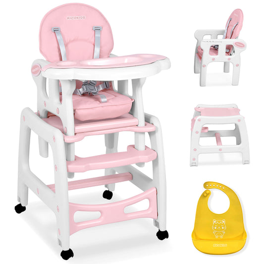 Scaunul de Hranire 5in1 RicoKids idealStore, 6-36 Luni, Centuri de Siguranta in 5 Puncte, Reglarea Inclinarii, Tava Detasabila, Roti Detasabile, Material Rezistent, Babetica, Roz