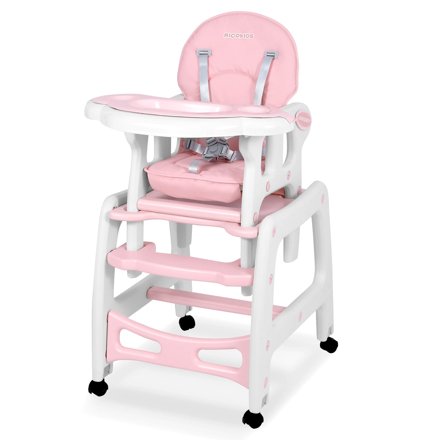 Scaunul de Hranire 5in1 RicoKids idealStore, 6-36 Luni, Centuri de Siguranta in 5 Puncte, Reglarea Inclinarii, Tava Detasabila, Roti Detasabile, Material Rezistent, Babetica, Roz