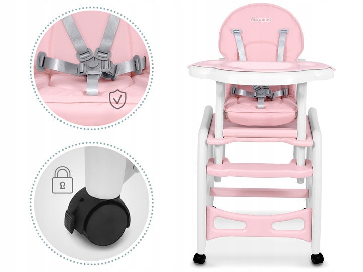 Scaunul de Hranire 5in1 RicoKids idealStore, 6-36 Luni, Centuri de Siguranta in 5 Puncte, Reglarea Inclinarii, Tava Detasabila, Roti Detasabile, Material Rezistent, Babetica, Roz