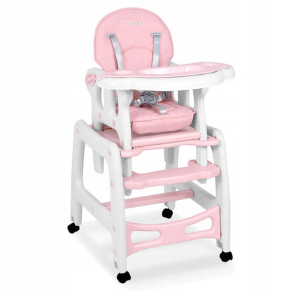 Scaunul de Hranire 5in1 RicoKids idealStore, 6-36 Luni, Centuri de Siguranta in 5 Puncte, Reglarea Inclinarii, Tava Detasabila, Roti Detasabile, Material Rezistent, Babetica, Roz