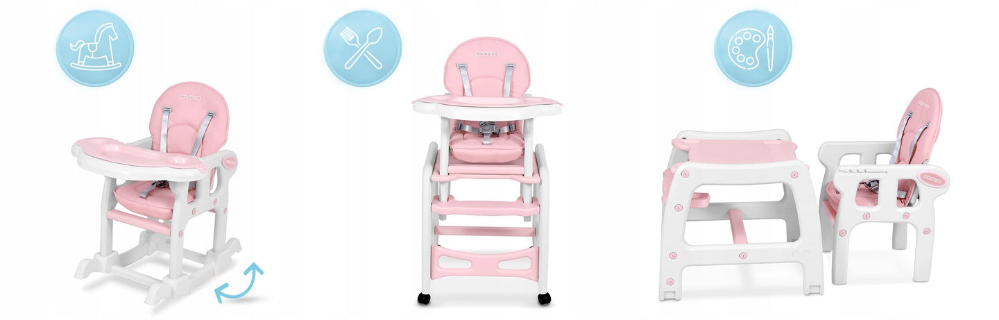 Scaunul de Hranire 5in1 RicoKids idealStore, 6-36 Luni, Centuri de Siguranta in 5 Puncte, Reglarea Inclinarii, Tava Detasabila, Roti Detasabile, Material Rezistent, Babetica, Roz