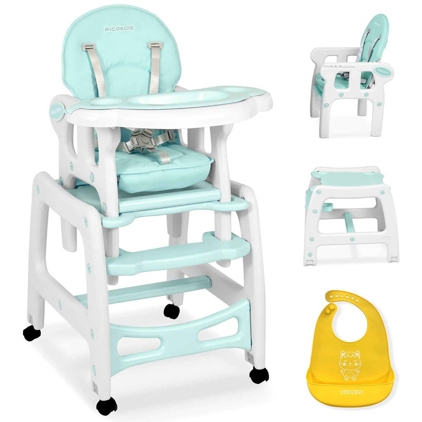Scaunul de Hranire 5in1 RicoKids idealStore, 6-36 Luni, Centuri de Siguranta in 5 Puncte, Reglarea Inclinarii, Tava Detasabila, Roti Detasabile, Material Rezistent, Babetica Inclusa, Turcoaz