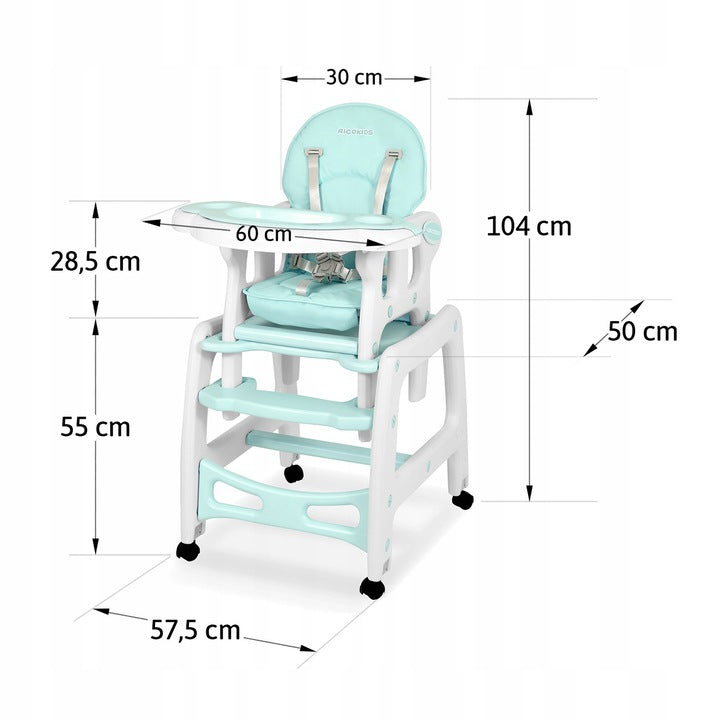 Scaunul de Hranire 5in1 RicoKids idealStore, 6-36 Luni, Centuri de Siguranta in 5 Puncte, Reglarea Inclinarii, Tava Detasabila, Roti Detasabile, Material Rezistent, Babetica Inclusa, Turcoaz