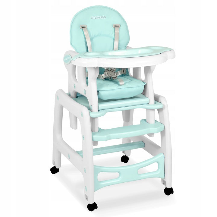 Scaunul de Hranire 5in1 RicoKids idealStore, 6-36 Luni, Centuri de Siguranta in 5 Puncte, Reglarea Inclinarii, Tava Detasabila, Roti Detasabile, Material Rezistent, Babetica Inclusa, Turcoaz