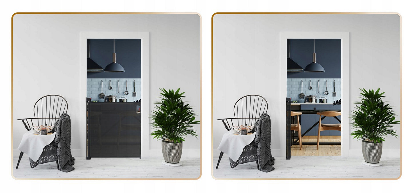 Poarta de Siguranta Rulanta idealStore Barrier Children, dImensiuni 140 cm x 92.5 cm, Latime ajustabila, fara Prag, Silentioasa, Utilizare Multipla, Material rezistent la Murdarie, Culoare Negru