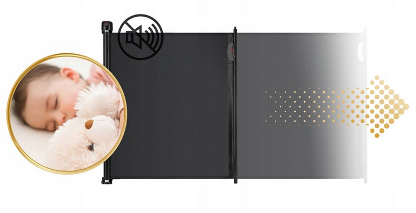 Poarta de Siguranta Rulanta idealStore Barrier Children, dImensiuni 140 cm x 92.5 cm, Latime ajustabila, fara Prag, Silentioasa, Utilizare Multipla, Material rezistent la Murdarie, Culoare Negru