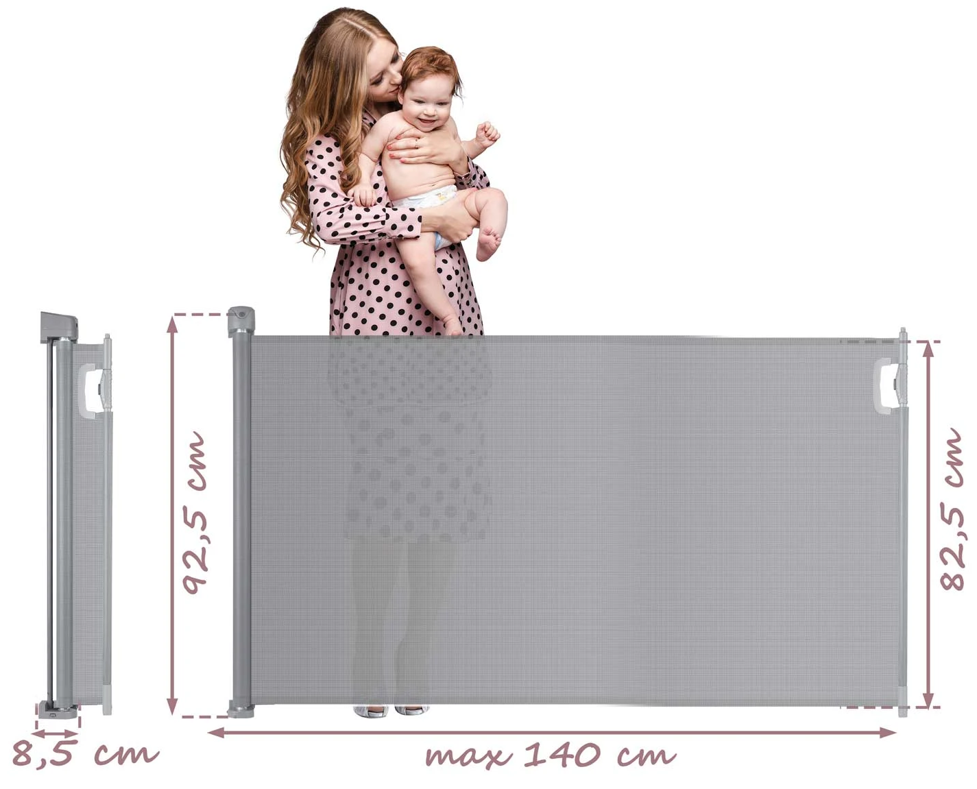 Poarta de Siguranta Rulanta idealStore Barrier Children, dImensiuni 140 cm x 92.5 cm, Latime ajustabila, fara Prag, Silentioasa, Utilizare Multipla, Material rezistent la Murdarie, Culoare Gri