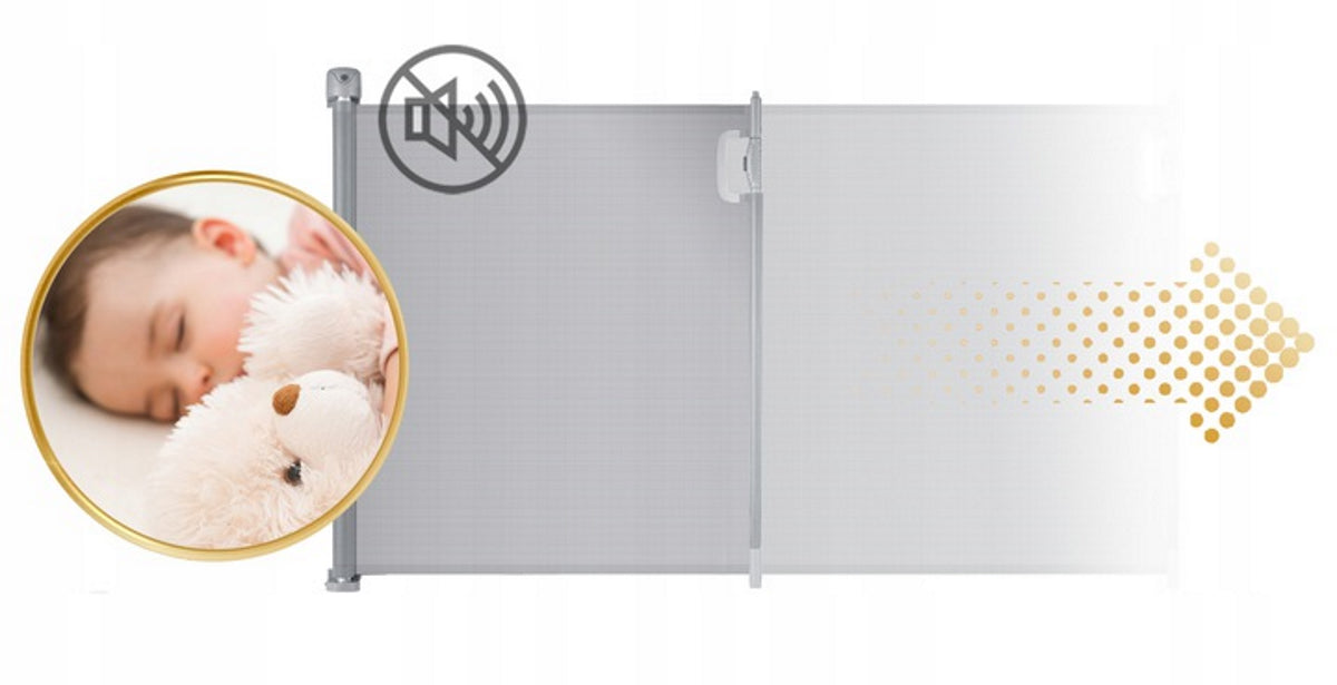 Poarta de Siguranta Rulanta idealStore Barrier Children, dImensiuni 140 cm x 92.5 cm, Latime ajustabila, fara Prag, Silentioasa, Utilizare Multipla, Material rezistent la Murdarie, Culoare Gri