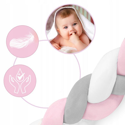 Protectie Laterala pentru Patut Bumper Rico idealSTORE, Lungime 3 m, Material moale, Placut la atingere, Protejeaza impotriva curentilor de aer si a loviturilor, Antialergic, Roz-Gri