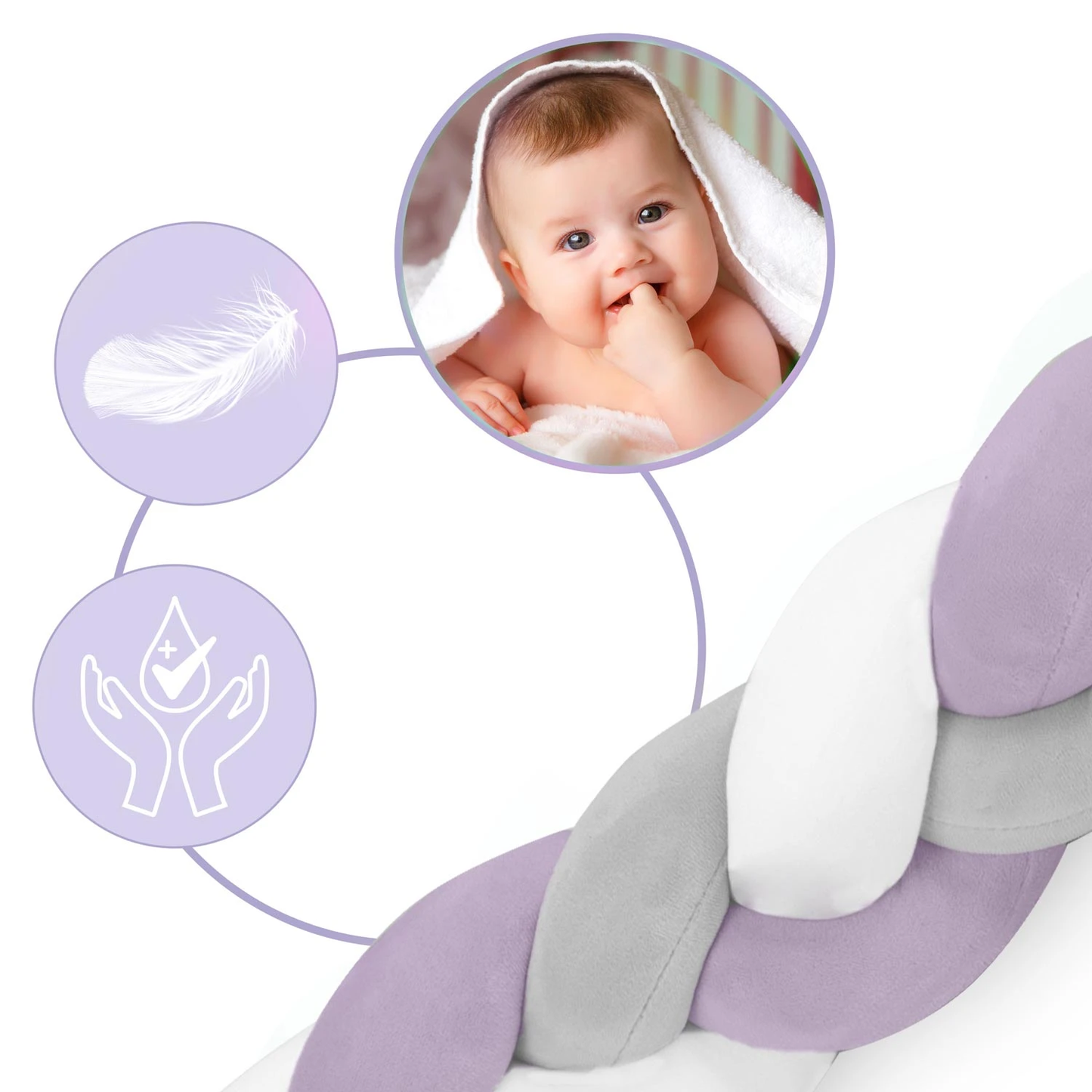 Protectie Laterala pentru Patut Bumper Rico idealSTORE, Lungime 3 m, Material moale, Placut la atingere, Protejeaza impotriva curentilor de aer si a loviturilor, Antialergic, Mov-Gri