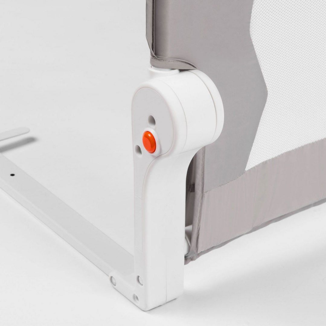 Bariera de Protectie Patut Safe Guard idealSTORE, Dimensiuni 150 x 35 x 42 cm, Include Centuri de Siguranta, Plasa Rezistenta si Aerisita, Sistem de Blocare, Cadru Durabil din Otel, Ajustare la 180 Grade, Grey Edition