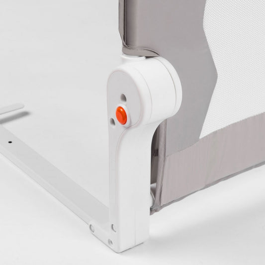 Bariera de Protectie Patut Safe Guard idealSTORE, Dimensiuni 150 x 35 x 42 cm, Include Centuri de Siguranta, Plasa Rezistenta si Aerisita, Sistem de Blocare, Cadru Durabil din Otel, Ajustare la 180 Grade, Grey Edition