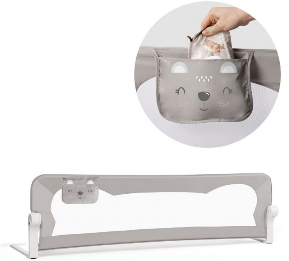 Bariera de Protectie Patut Safe Guard idealSTORE, Dimensiuni 150 x 35 x 42 cm, Include Centuri de Siguranta, Plasa Rezistenta si Aerisita, Sistem de Blocare, Cadru Durabil din Otel, Ajustare la 180 Grade, Grey Edition