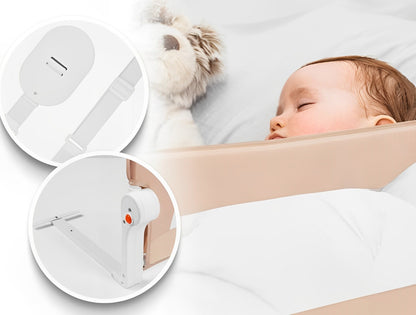 Bariera de Protectie Patut Safe Guard idealSTORE, Dimensiuni 150 x 35 x 42 cm, Include Centuri de Siguranta, Plasa Rezistenta si Aerisita, Sistem de Blocare, Cadru Durabil din Otel, Ajustare la 180 Grade, Bej Edition