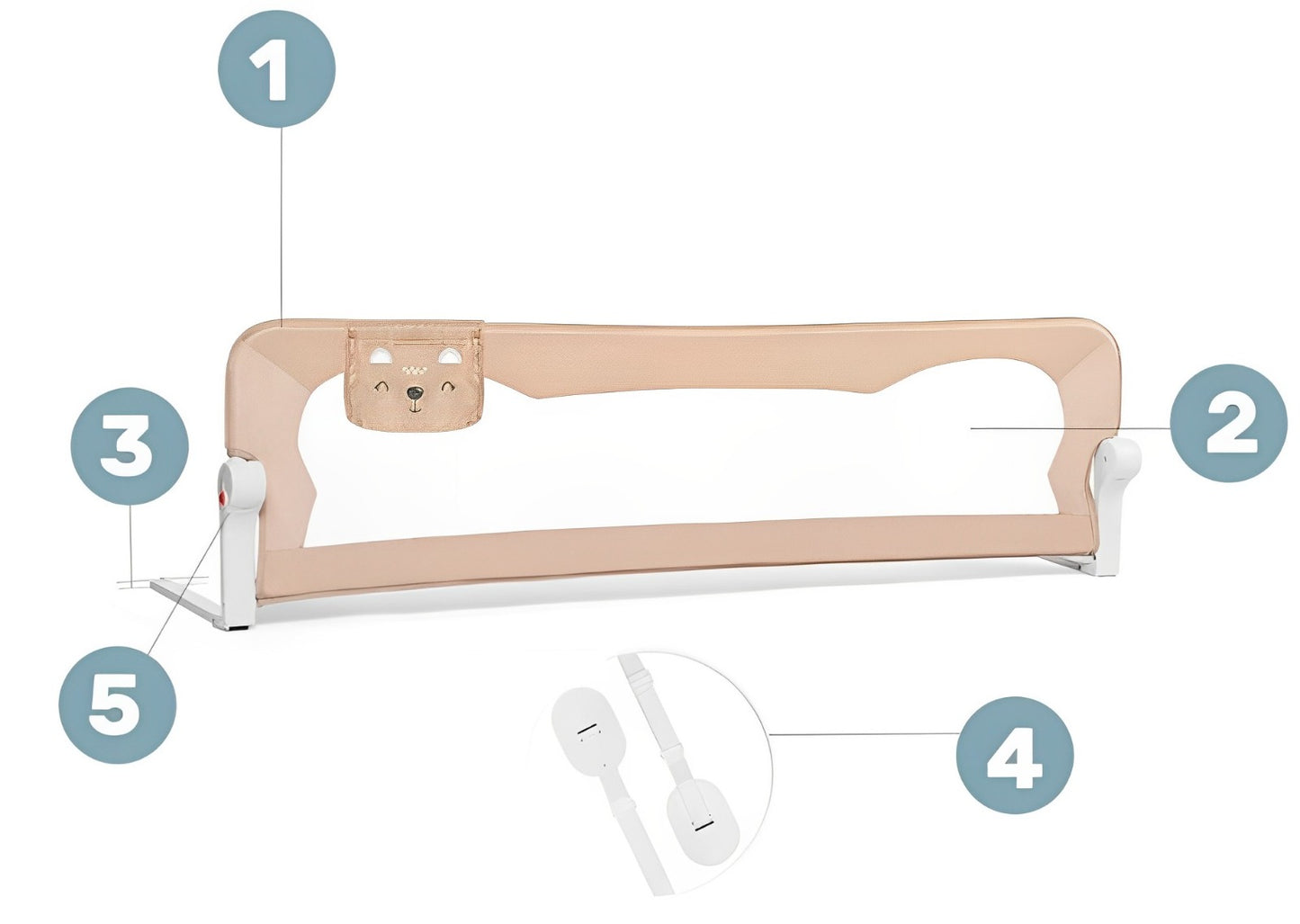 Bariera de Protectie Patut Safe Guard idealSTORE, Dimensiuni 150 x 35 x 42 cm, Include Centuri de Siguranta, Plasa Rezistenta si Aerisita, Sistem de Blocare, Cadru Durabil din Otel, Ajustare la 180 Grade, Bej Edition